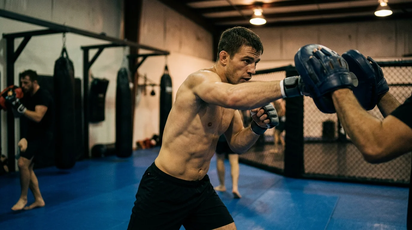 Fighter MMA durante una sessione di sparring in palestra, fase di analisi pre-fight