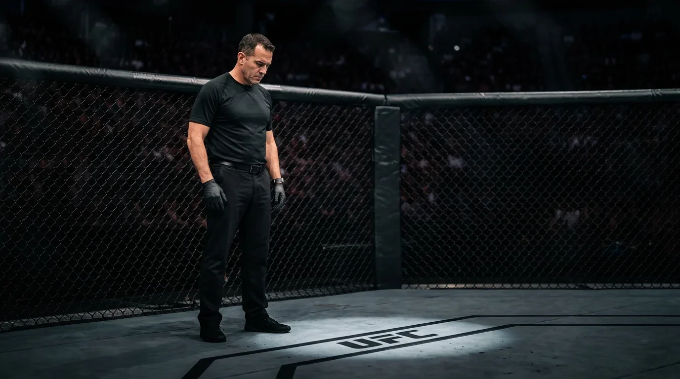 Arbitro UFC accanto all'ottagono durante un controllo prima dell'incontro, integrità sportiva