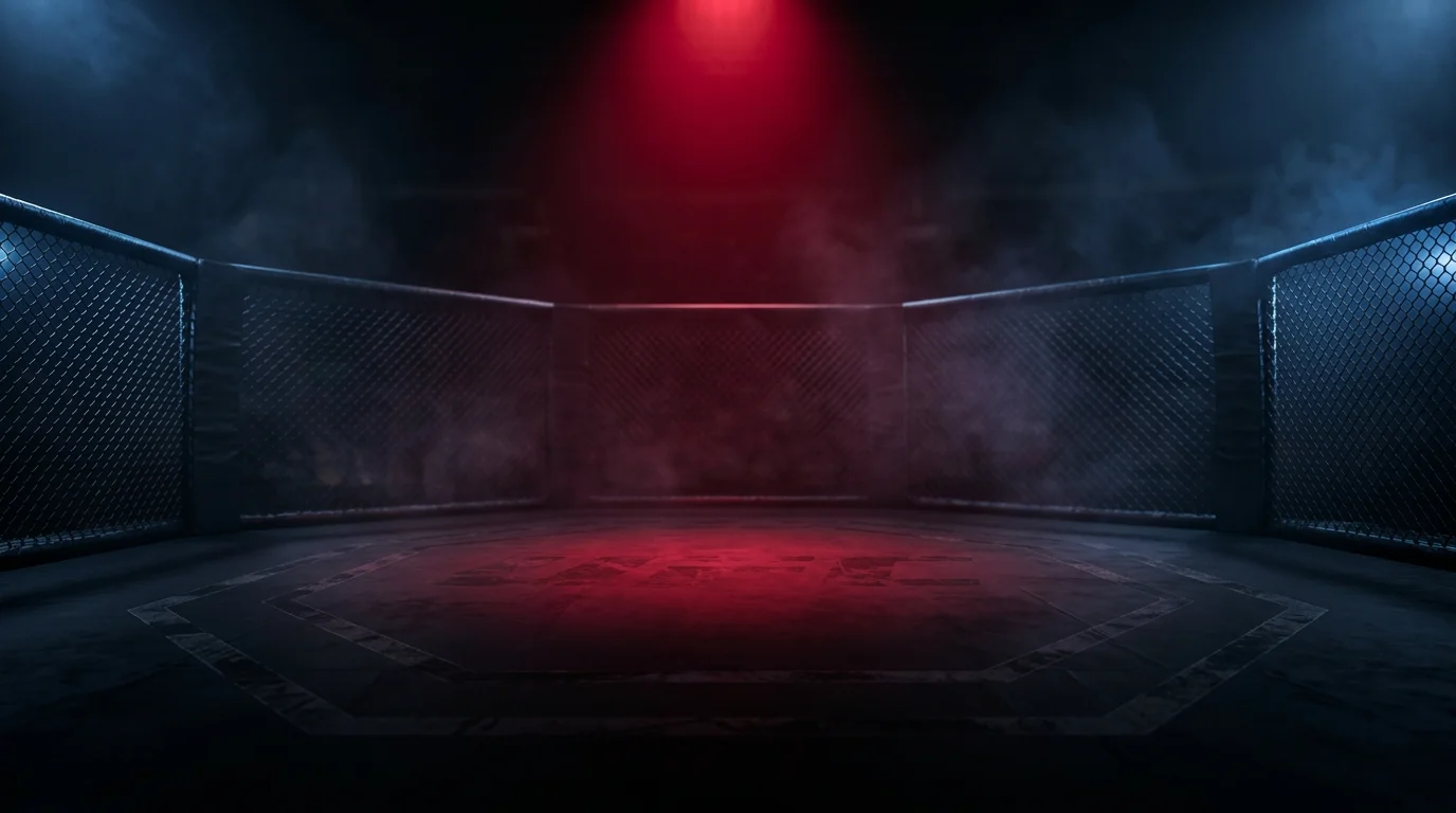 Ottagono UFC illuminato in penombra durante una card serale, simbolo delle scommesse MMA in Italia